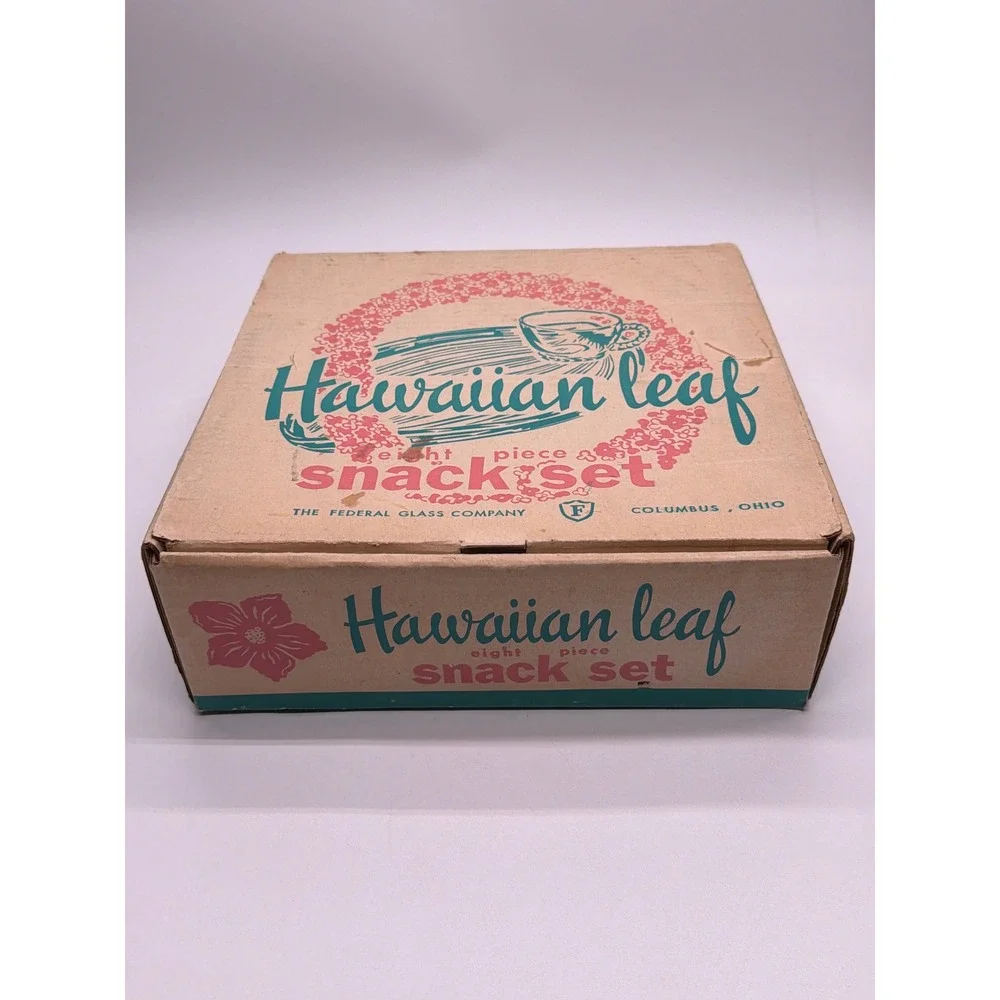 Federal Glass Hawaiian Leaf Snack Set 8 Piece Vintage MCM Crystal Plates Cups